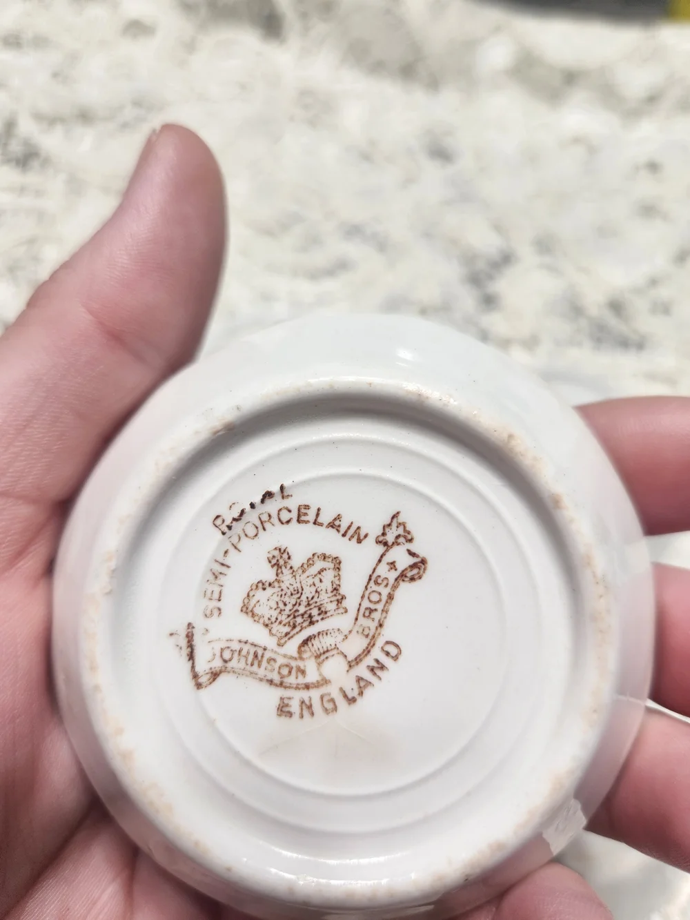 Antique Johnson Bros Royal England Semi Porcelain Butter Pats Pink Floral Set 4